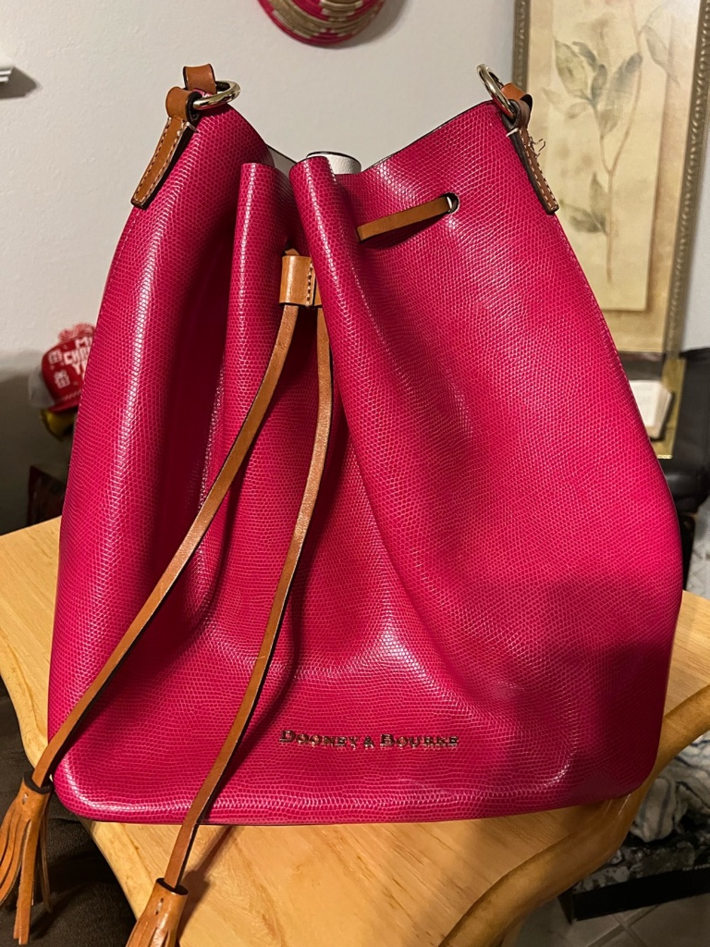 Dooney & Bourke Hot Pink Drawstring Bucket Hobo with Tan Trim